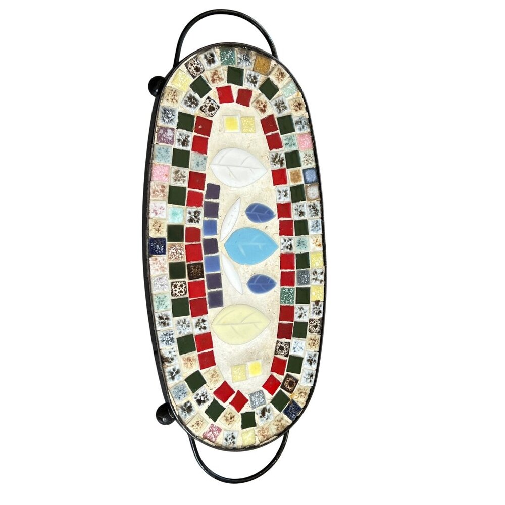 Mosaic Tile Decorative Oval trivet With Metal Handles